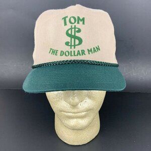 Vintage 80s Tom The Dollar Man Snapback Hat Cap Rope Accent Beige Green
